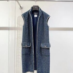 🚩steal authentic Chanel Blue Sleeveless Tweed Coat